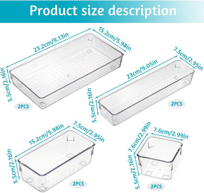 8 Pcs Clear Plastic Drawer Organiser Trays Desk Versatile Kitchen Drawer Organiser Bins Tray for Makeup Bedroom Office
