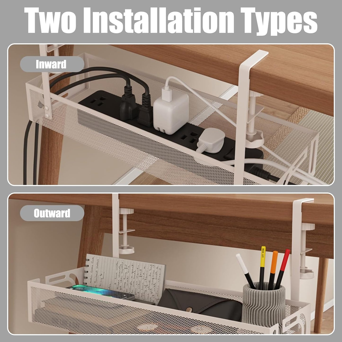 Under Desk Cable Management Tray, No Drill, Metal Mesh Wire Management Tray, Cable Management under Desk with Clamp Mount, Cord Organizer for Office, Home(White 1,40 * 13 * 7Cm)