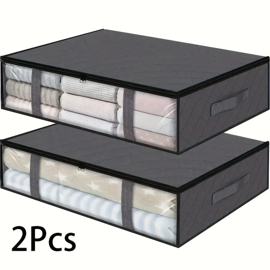 2Pcs Large under Bed Storage Bags Non-Woven Clothes Organizer Clear Window Reinforced Handles for Comforters Blankets Bedding
