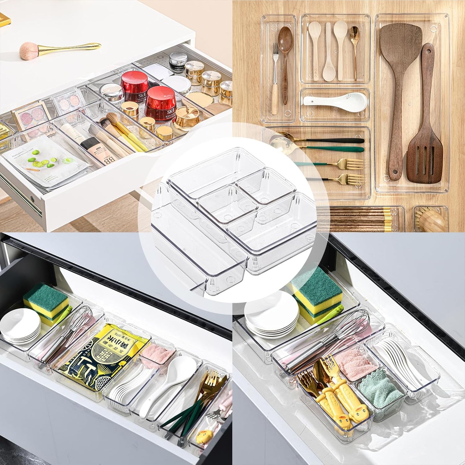 8 Pcs Clear Plastic Drawer Organiser Trays Desk Versatile Kitchen Drawer Organiser Bins Tray for Makeup Bedroom Office