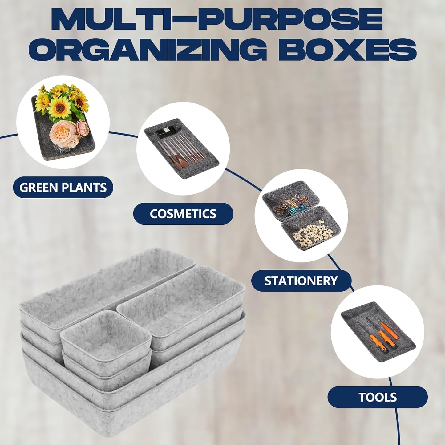 Felt Drawer Organiser Set of 8 Pcs, 4 Sizes Desk Drawer Organiser Trays for Makeup, Stationery & Accessories, Soft Anti-Slip Drawer Organizer for Home Office Bedroom - Grey