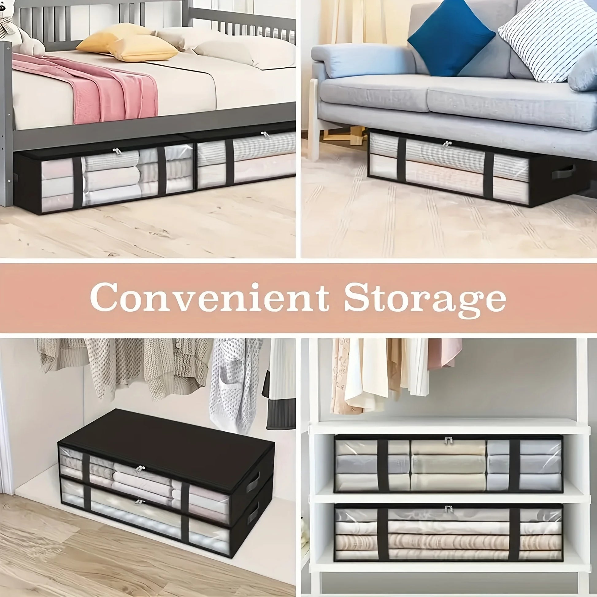 2Pcs Large under Bed Storage Bags Non-Woven Clothes Organizer Clear Window Reinforced Handles for Comforters Blankets Bedding