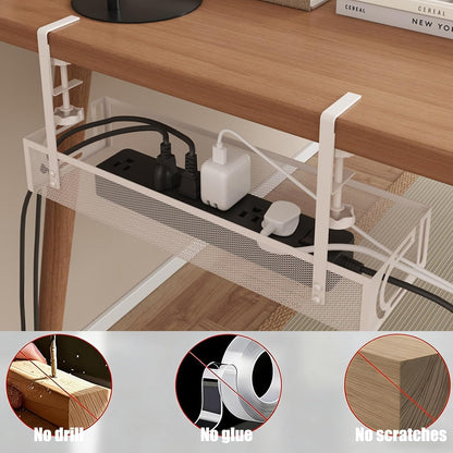Under Desk Cable Management Tray, No Drill, Metal Mesh Wire Management Tray, Cable Management under Desk with Clamp Mount, Cord Organizer for Office, Home(White 1,40 * 13 * 7Cm)