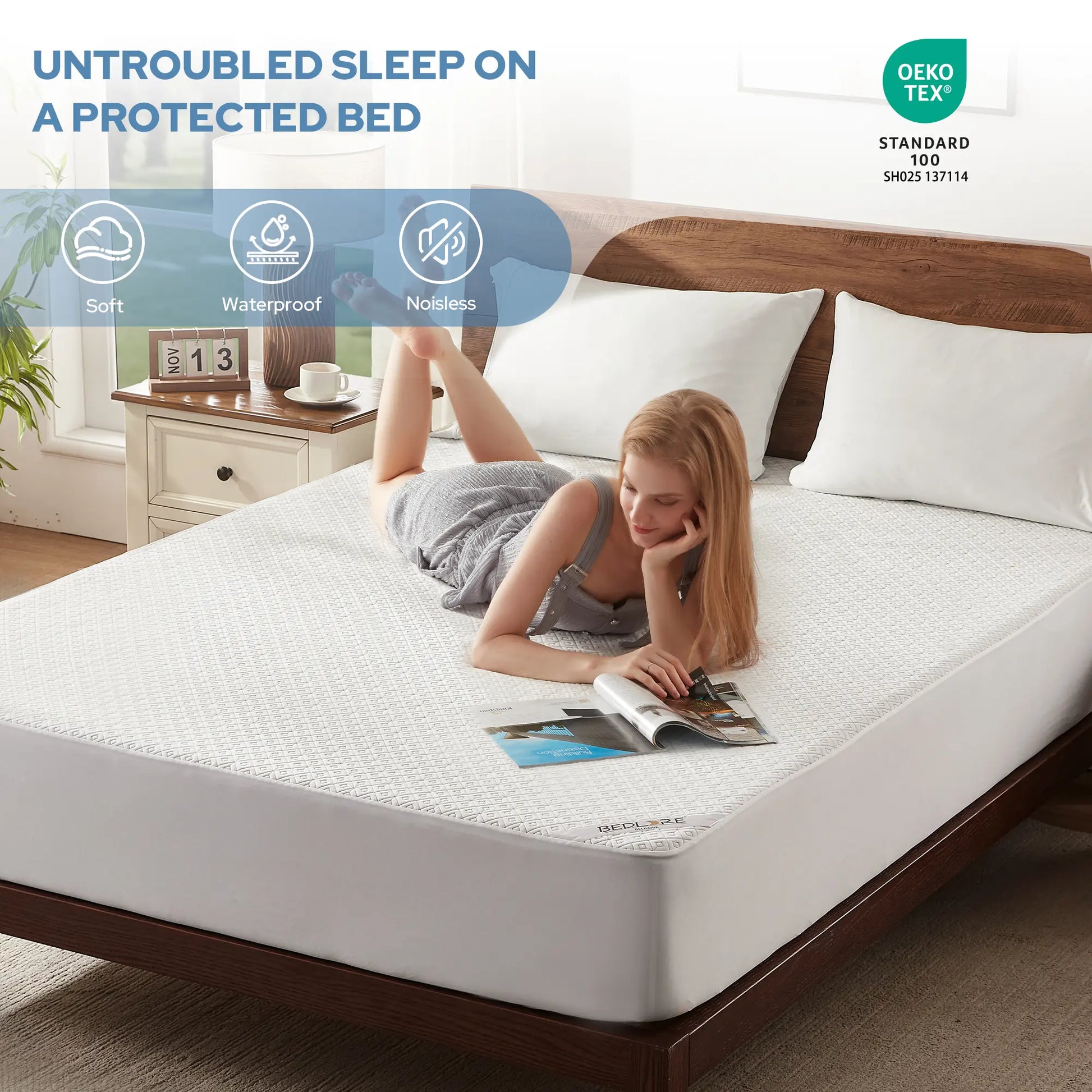 【Summerwins】Bedlore Waterproof Fitted Sheet - Soft & Breathable Mattress Protector,4-Grid Pattern,Stretch Pockets Fit 6-18" Mattresses,Waterproof Sheet, Protective Sheets, Spillproof Fitted Sheets