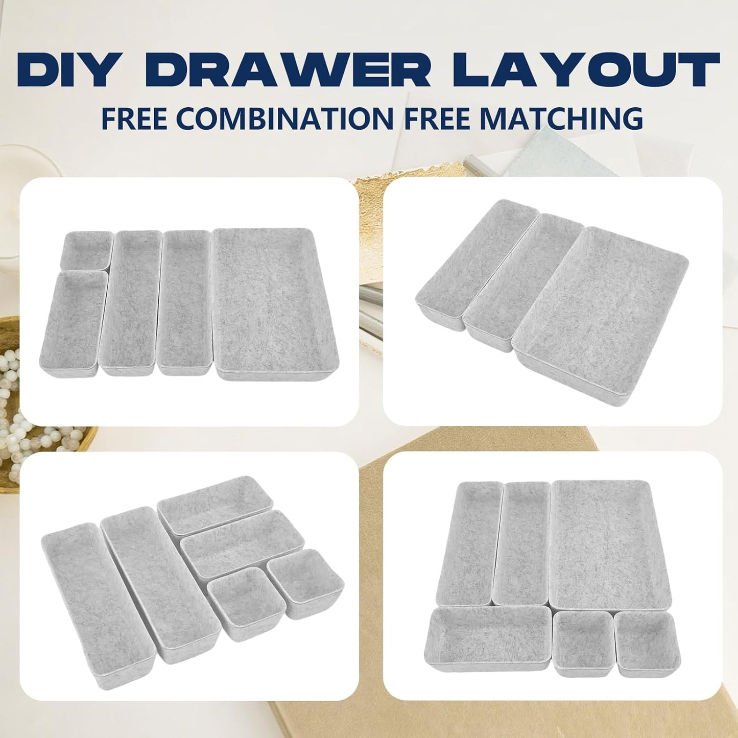 Felt Drawer Organiser Set of 8 Pcs, 4 Sizes Desk Drawer Organiser Trays for Makeup, Stationery & Accessories, Soft Anti-Slip Drawer Organizer for Home Office Bedroom - Grey