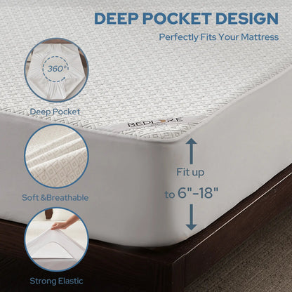 【Summerwins】Bedlore Waterproof Fitted Sheet - Soft & Breathable Mattress Protector,4-Grid Pattern,Stretch Pockets Fit 6-18" Mattresses,Waterproof Sheet, Protective Sheets, Spillproof Fitted Sheets