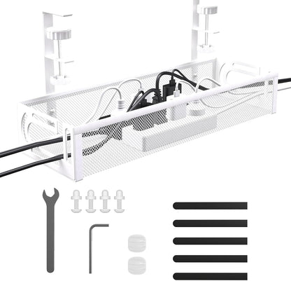 Under Desk Cable Management Tray, No Drill, Metal Mesh Wire Management Tray, Cable Management under Desk with Clamp Mount, Cord Organizer for Office, Home(White 1,40 * 13 * 7Cm)
