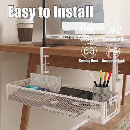 Under Desk Cable Management Tray, No Drill, Metal Mesh Wire Management Tray, Cable Management under Desk with Clamp Mount, Cord Organizer for Office, Home(White 1,40 * 13 * 7Cm)