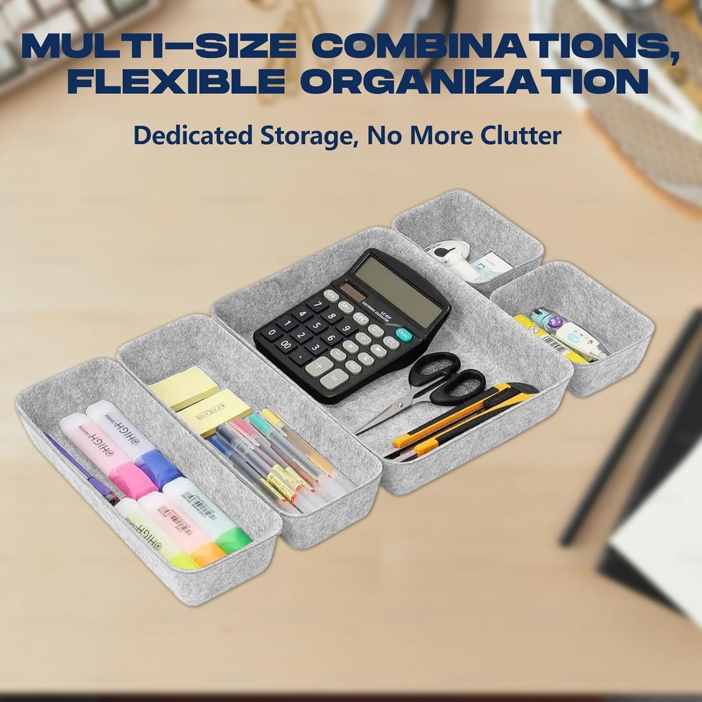 Felt Drawer Organiser Set of 8 Pcs, 4 Sizes Desk Drawer Organiser Trays for Makeup, Stationery & Accessories, Soft Anti-Slip Drawer Organizer for Home Office Bedroom - Grey