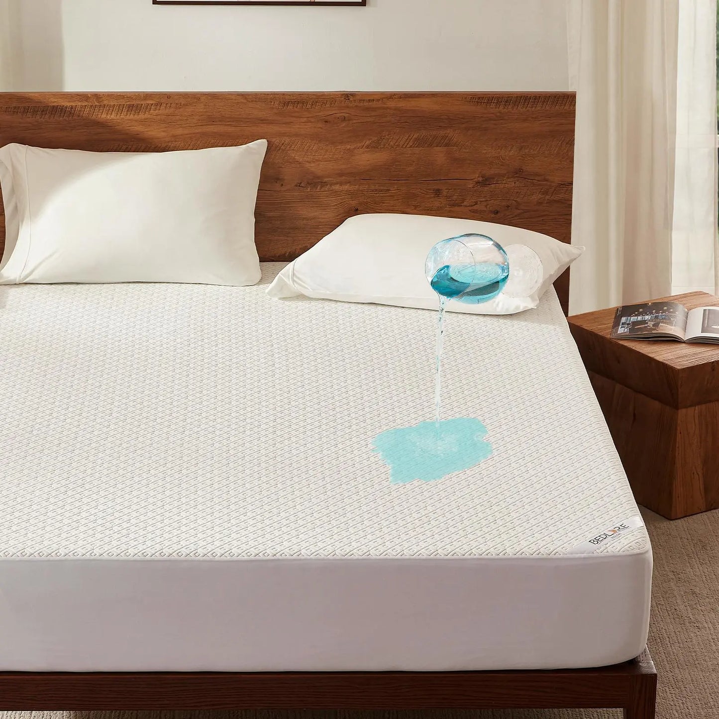 【Summerwins】Bedlore Waterproof Fitted Sheet - Soft & Breathable Mattress Protector,4-Grid Pattern,Stretch Pockets Fit 6-18" Mattresses,Waterproof Sheet, Protective Sheets, Spillproof Fitted Sheets