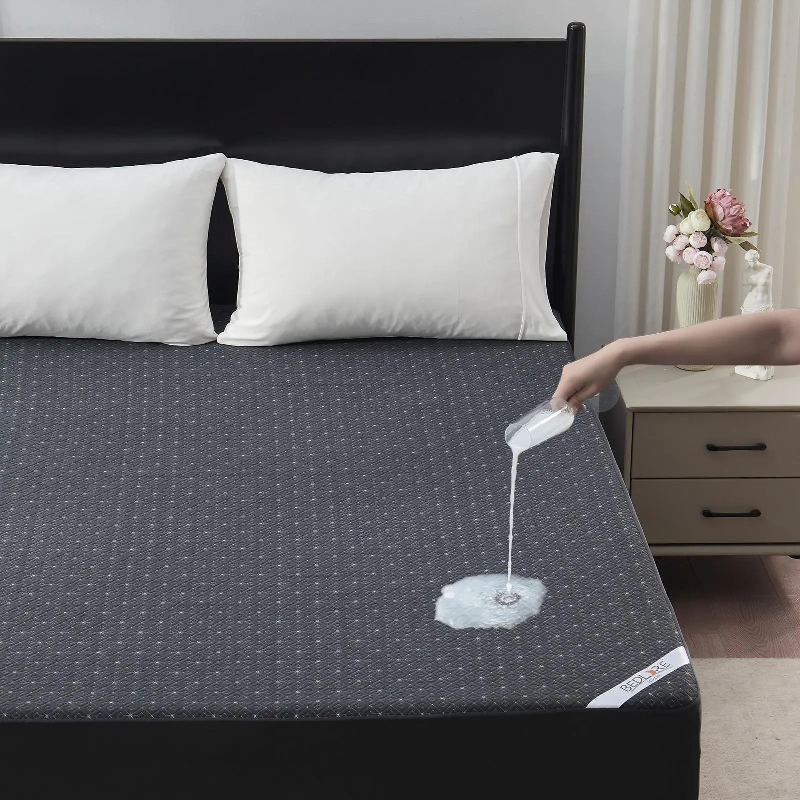 【Summerwins】Bedlore Waterproof Fitted Sheet - Soft & Breathable Mattress Protector,4-Grid Pattern,Stretch Pockets Fit 6-18" Mattresses,Waterproof Sheet, Protective Sheets, Spillproof Fitted Sheets