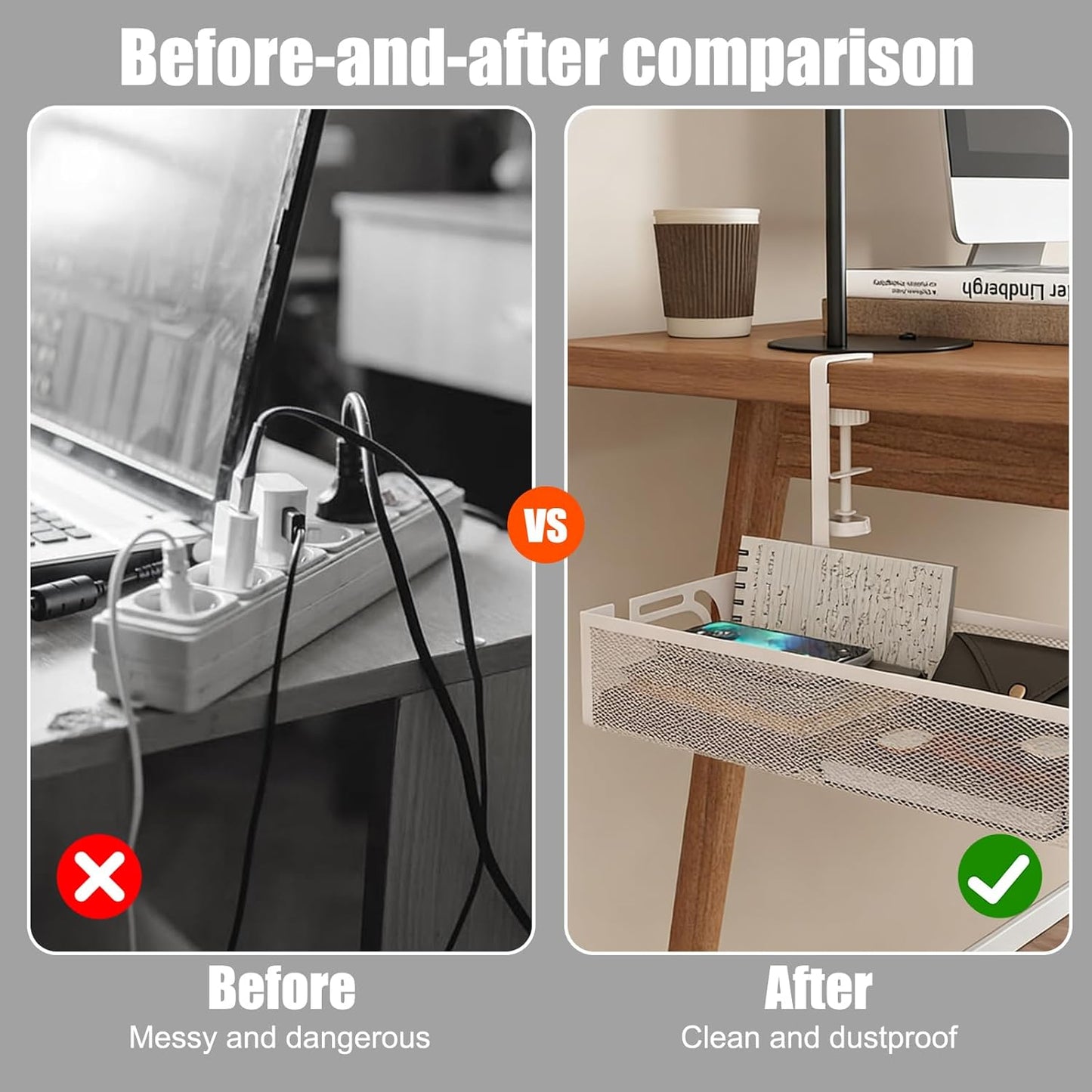 Under Desk Cable Management Tray, No Drill, Metal Mesh Wire Management Tray, Cable Management under Desk with Clamp Mount, Cord Organizer for Office, Home(White 1,40 * 13 * 7Cm)