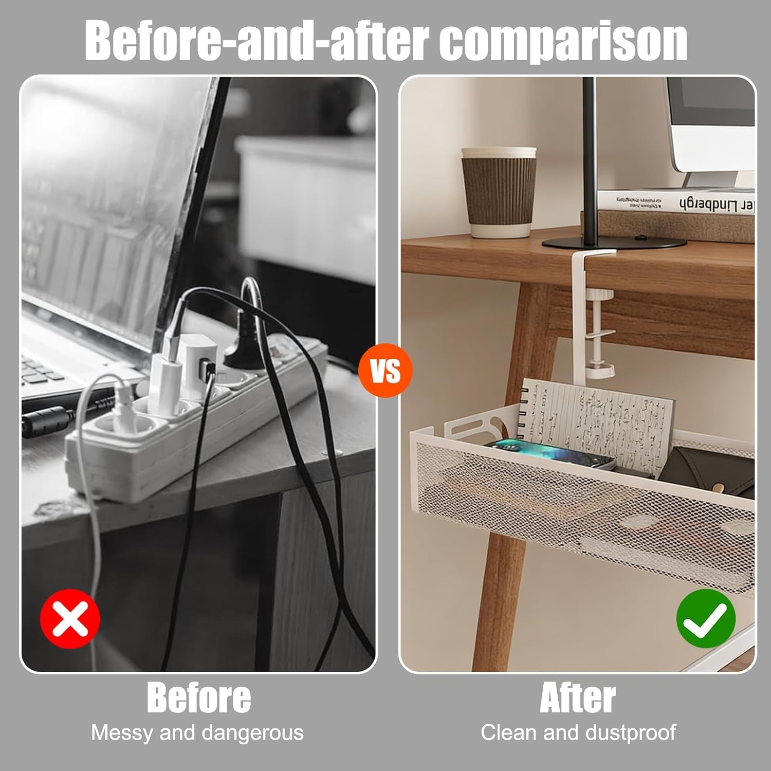 Under Desk Cable Management Tray, No Drill, Metal Mesh Wire Management Tray, Cable Management under Desk with Clamp Mount, Cord Organizer for Office, Home(White 1,40 * 13 * 7Cm)
