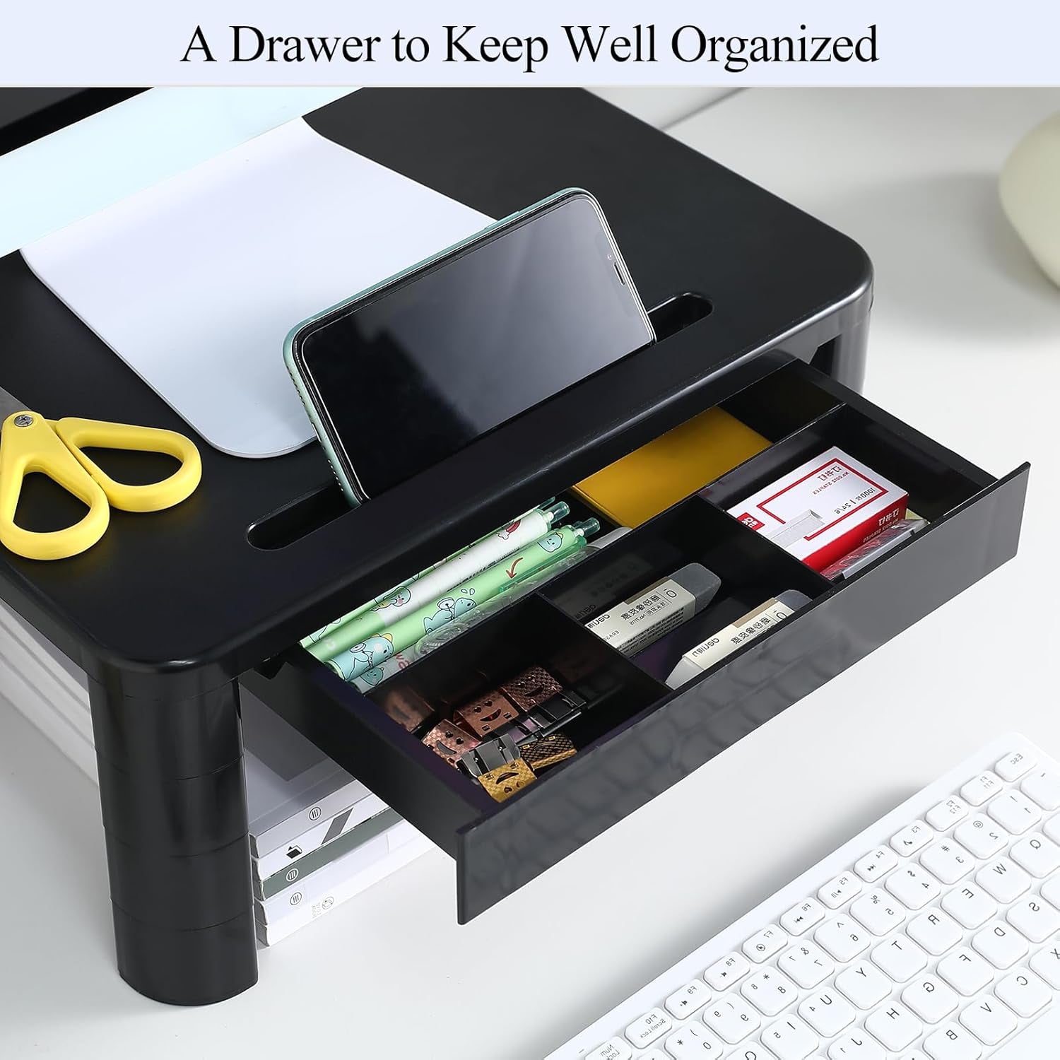 Monitor Stand with Drawer - Laptop Stand for Desk, 4 Height Adjustable Monitor Riser and Cellphone Holder, Computer Stand for Printer, Notebook, Home, Office