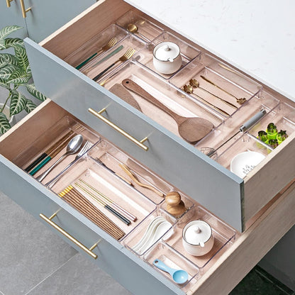 8 Pcs Clear Plastic Drawer Organiser Trays Desk Versatile Kitchen Drawer Organiser Bins Tray for Makeup Bedroom Office